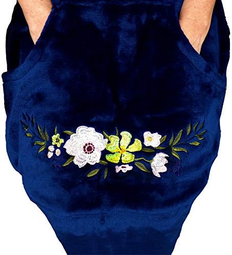 Wheelchair Blanket with Pouch for Adults, Fleece Wrap for Airplane & Train, Packable Nap Travel Accessories (Navy Blue + Embroidered Flower)