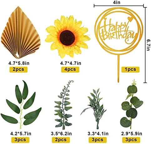 MEMOVAN Sunflower Cake Topper 18pcs Sunflower Cake Decoration with Gold Happy Birthday Cake Topper Sunflowers Golden Palm Eucalyptus Leaves for Sunflowers Boho Summer Birthday Wedding Baby Shower