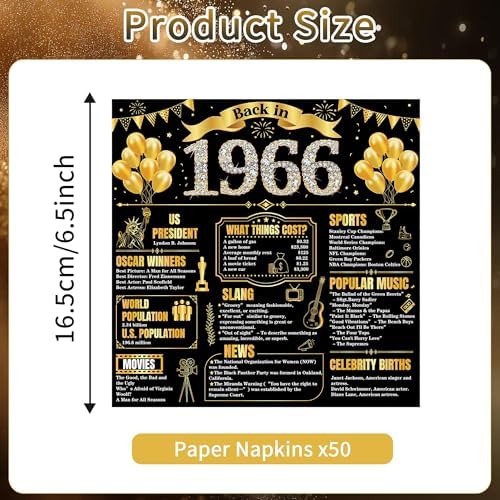 60th Birthday Napkins Party Decorations, 50 Pcs Black Gold Disposable Paper Napkins for Men Women, Back in 1966 Cheers to 60 Years Table Decor, 2 Ply Cocktail Anniversary Party Supplies