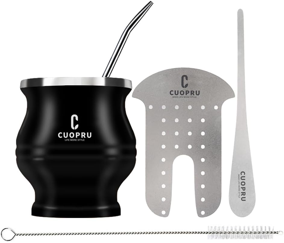Cuopru Yerba Mate Cup - Mate Gourd Set Includes Double Walled Stainless Steel Tea Cup, Tea Shaper set, Bombilla Straws, Cleaning Brush