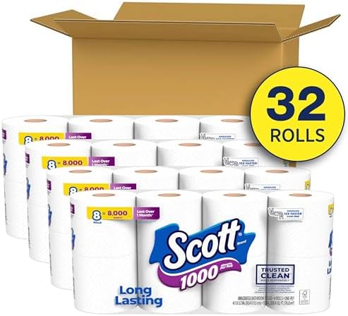 Scott 1000 Trusted Clean Toilet Paper, 32 Rolls, Septic-Safe, 1-Ply Toilet Tissue, White