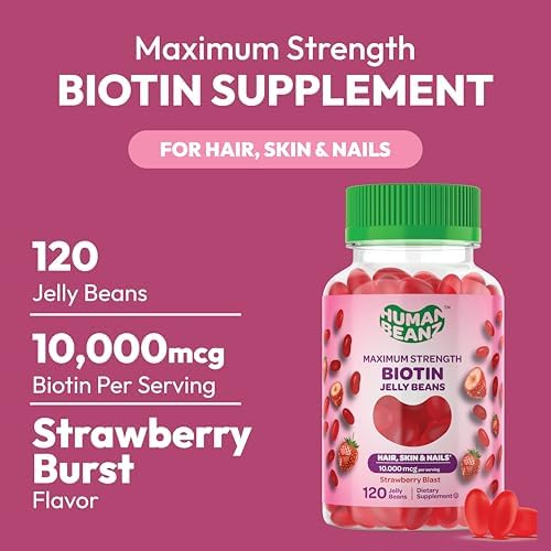 Human Beanz Biotin Jelly Bean Gummy Vitamins, Max Strength Biotin for Hair, Skin and Nails, 10,000mcg per Serving, Hair Growth Vitamins for Men and Women, 120 Strawberry Blast Jelly Beans, Kosher