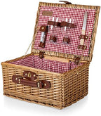 PICNIC TIME Classic Wine & Cheese Picnic Basket, Romantic English-Style Wooden Basket, Deluxe Service for 2 with Fully-Lined Interior, Leatherette Buckle and Handle, (Red & White Gingham Pattern)