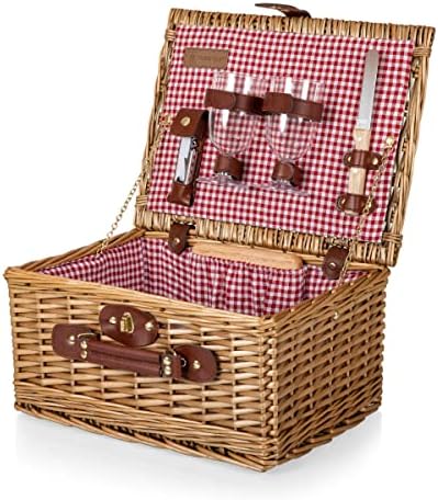PICNIC TIME Classic Wine & Cheese Picnic Basket, Romantic English-Style Wooden Basket, Deluxe Service for 2 with Fully-Lined Interior, Leatherette Buckle and Handle, (Red & White Gingham Pattern)