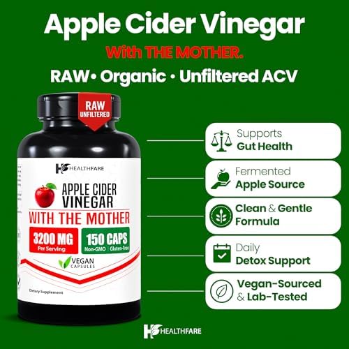 HealthFare Apple Cider Vinegar Capsules with the Mother | 3200mg Raw, Organic & Unfiltered ACV | 150 Vegan Pills | Maximum Strength Supplement for Detox & Digestion | Non-GMO, Gluten-Free, Made in USA