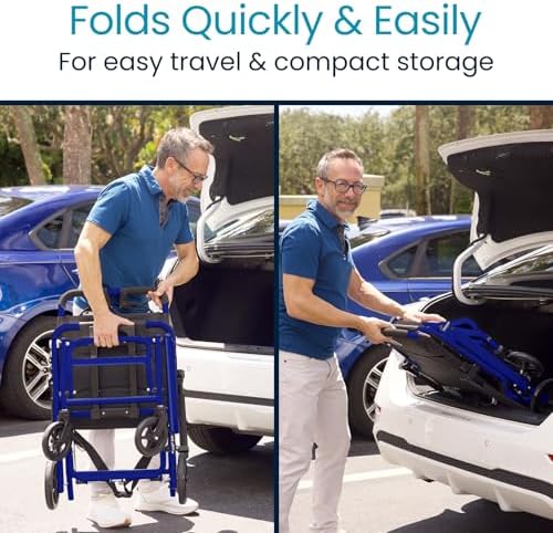 Vive Ultra-Lightweight Transport Wheelchair for Small Adults, Seniors - Foldable, Portable Transfer Wheel Chair for Easy Travel - Narrow, Light Weight, Folding, Collapsible (Blue)