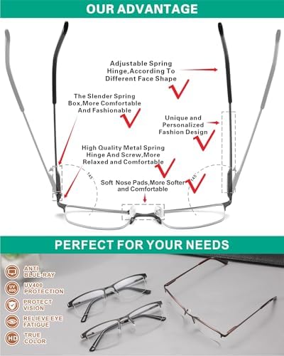 3 Pack Blue Light Blocking Reading Glasses Men Readers Anti Glare UV Metal Semi-frame Spring Hinge Lightweight Sturdy Trendy Eyeglasses 1.0+