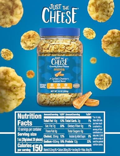 Just the Cheese Minis – Grilled Cheese Crisps, 10 oz Jar, Delicious Low-Carb Lifestyle Protein Chips, High-Protein, Gluten-Free Crisps, Keto-Friendly, Zero Sugar, Perfect Snack for Adults