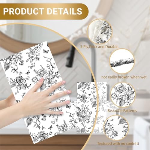 100 PCS Black Napkins Disposable, Black White Wildflower Paper Napkins 3-Ply Paper Towels Home Party Guest Bathroom Napkin Bridal Shower Wedding, Chinoiserie Napkins