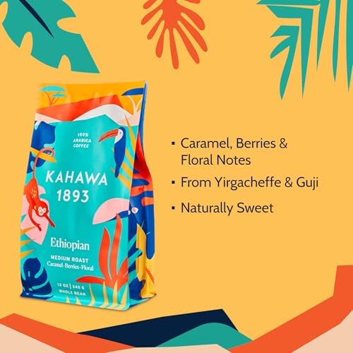 Kahawa 1893 Whole Bean Coffee Medium Roast Ethiopian Blend 12 Oz - As Seen on Shark Tank, High Antioxidants, Naturally Sweet, Organically Grown, Ethically & Sustainably Sourced