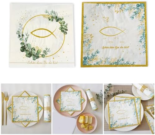 Baptisms Confirmation Party Napkins Paper Featurings Delicate Eucalyptuses Fish Artwork for Christening, Communion Communion Ceremony Napkins