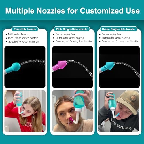 Neti Pot Sinus Rinse Bottle Nose Wash Cleaner Pressure Rinse Nasal Irrigation for Adult & Kid BPA Free 300 ML with 30 Nasal Wash Salt Packets and Sticker Thermometer