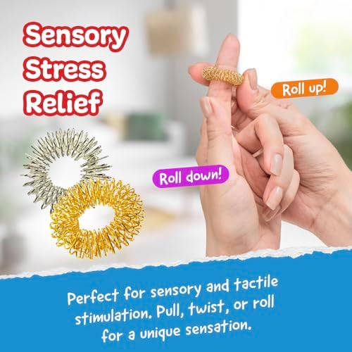 IMPRESA Spiky Sensory Acupressure Fidget Rings - 10-Pack, 1 in Dia, Silver & Gold - Stress Relief Fidget Ring - Tactile Stimulation with Spiky Sensory Band - Compact Stress Relief Toy