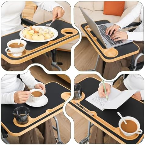 TYYIHUA Foldable Wheelchair Tray Table with Cup Holders for Adults, Seniors, Removable Wheelchair Lap Desk for Eating Reading Resting, Nursing Patient, Fits Seat Width 16" - 20", Bamboo Wood