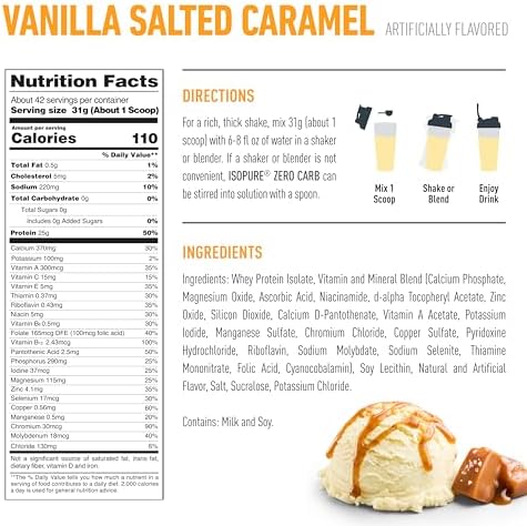 Isopure Zero Carb 100% Pure Whey Isolate Protein Powder, Gluten Free, With Vitamins, Vanilla Salted Caramel, 25g Protein Per Serving, 3 Lbs, 42 Servings (Packaging May Vary)