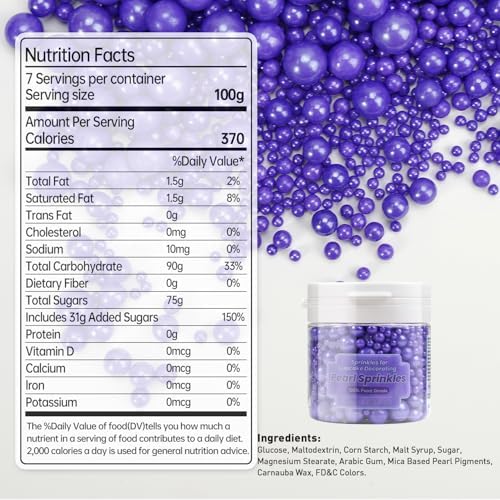 Dazzjoy Edible Pearl Purple Sugar Sprinkles, 130g/4.58oz, Purple Ball Pearls Sprinkles for Cake Decorating, Cupcake Toppers, Baking Cake Decoration, Easter Wedding Party Holiday Supplies