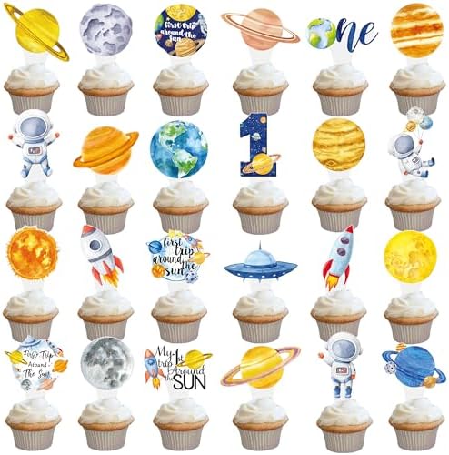 48Pcs First Trip Around The Sun Cupcake Toppers Outer Space 1st Birthday Party Decorations Space Astronaut Cupcake Picks Decorations for Planets Solar System Theme Party Supplies