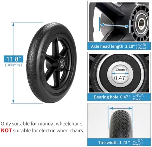12 Inch Wheelchair Wheels Replacement (1 Pair) 12 1/2 x 2 1/4" Transport Chair Rear Wheel Assembly, Solid Tire Back Wheel for Manual Wheelchairs Replacement Parts, Transfer Chair Accessories