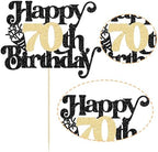 Gyufise 1Pc Happy 70th Birthday Cake Topper Glitter Happy Birthday Cake Pick Cheers to 70 Years for 70th Anniversary Wedding Party Cupcake Decorations Supplies Black Gold