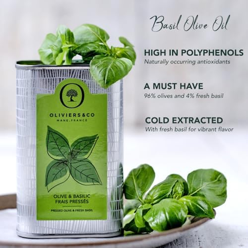 Basil Olive Oil by Oliviers&Co. Cold Pressed Extra Virgin Olive Oil with Fresh Basil Gourmet Finishing Oil from Italy for Salads Pasta Dips and Cooking 16.8 fl oz
