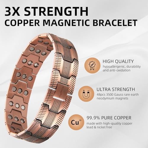 MagEnergy Copper Bracelet for Men, 3-Row Magnet Design, Ultra Strength Magnetic Bracelet 99.99% Pure Copper Wristband Adjustable Jewelry Gift with Sizing Tool