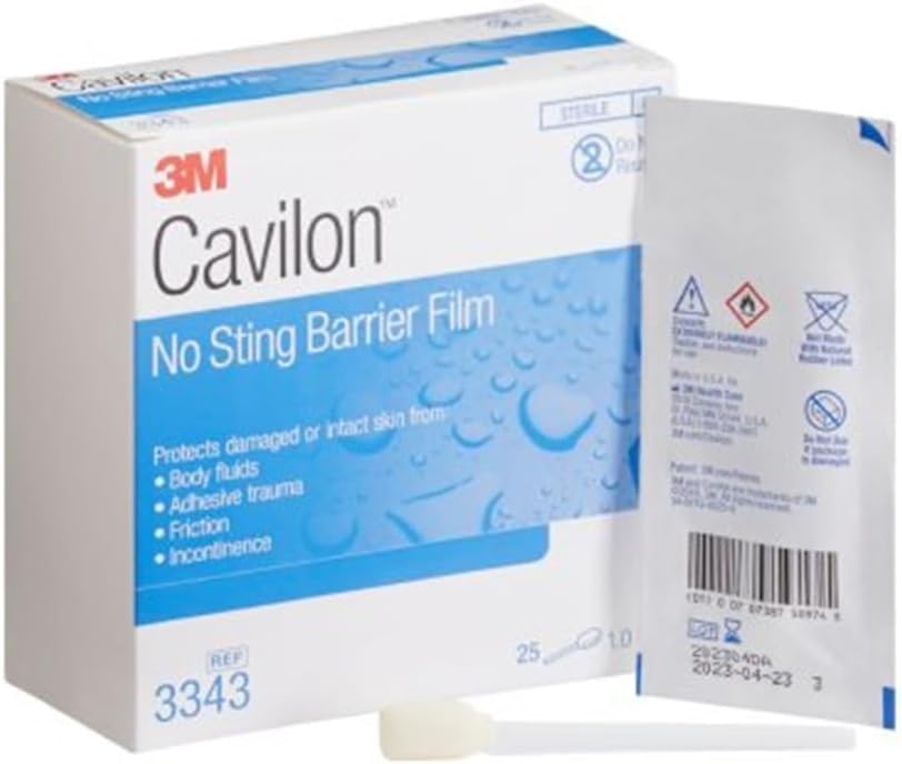 3m Cavilon No-Sting Barrier Film, Gentler Way to Protect Skin from Body Fluids, Adhesives, and Friction, Alcohol Free Barrier Film, Hypoallergenic and Latex Free, Swabs, Box of 25