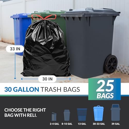 Reli. 30 Gallon Trash Bags Drawstring (25 Count) | Black Garbage Bags 30 Gallon Heavy Duty | Large for Home & Outdoor Use | Drawstring