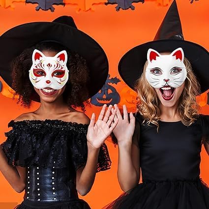 5 Pcs Cat Masks White Paper Blank Hand Painted Masks Halloween Masquerade Costume Cosplay Accessories