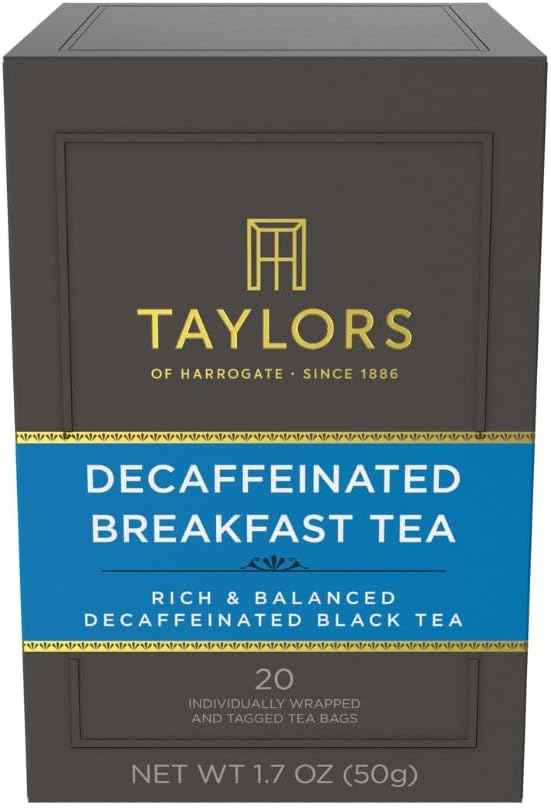 Taylors of Harrogate Decaffeinated Breakfast, Black Tea, Individually Wrapped Bags, 20 Count (Pack of 1), Rich, Bright & Balanced, Decaffeinated, Enjoy Hot or Iced, 20 Teabags