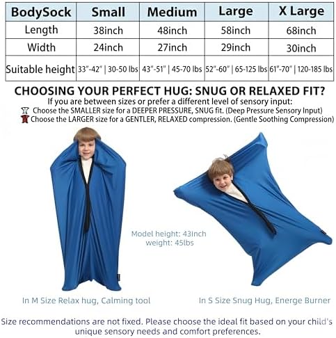 Body Sock Sensory Kids, Medium Compression Sack 27 * 48 inch, Soft Fabric with Strong Stitching and Snap Closures (Classic Blue)