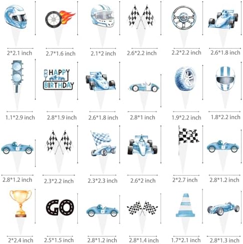 Racing Car Birthday Cupcake Toppers 48Pcs Blue Race Car Birthday Party Decorations Checkered Flag Cupcake Picks Race Car Birthday Party Supplies for Racing Themed Baby Shower Decor