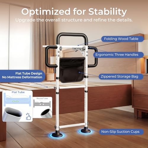 Height Adjustable Bed Rail for Elderly Adults, Adjustable Bed Assist Rail with Nonslip Grip, Folding Table & Storage Bag, Bed Assist Bar for Seniors, Post-Op & Pregnant Users, Fits Most Bed Sizes