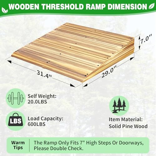 Wooden Threshold Ramp for Home Steps, 7" Rise Doorway Ramp with Non-Slip Grooves, Door Ramp for Wheelchair/Walker/Cart/Scooter, (31.4 W*7.0" H, Solid Pine Wood, 600LBS Capacity)