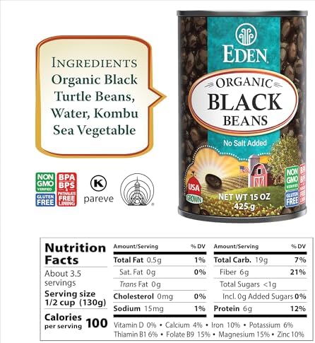 Eden Organic Black Beans, 15 oz Can (12-Pack Case) , No Salt Added, Non-GMO, U.S Grown, Heat and Serve, Macrobiotic, Turtle Beans, Frijol Negro, Caviar Criollo