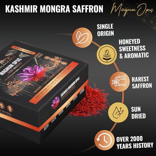 5Senses Kashmir Mongra Saffron | Azafran | Magnum Opus | Premium Grade A Saffron Threads | Whole Red Gold Spice | Single Origin, Non-GMO, Fairtrade, Gluten-Free, Vegan, Plastic Neutral (0.035oz/1g)
