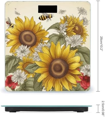 Bees Sunflowers Daisy Rose Flowers Bathroom Scale for Body Weight LCD Display Digital Bathroom Scale Tempered Glass Bathroom Weight Scales Fashion Smart Scales for Home Bedroom 400 Lb