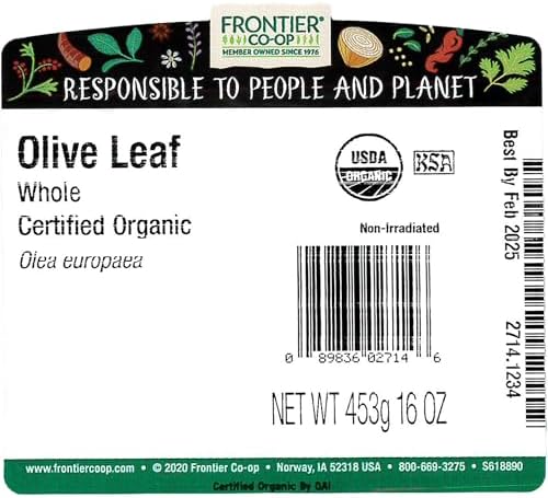 Frontier Co-op Organic Whole Olive Leaf, 1 Bulk Bag - All Natural Dried Olive Leaves, Great for Olive Leaf Tea, Baking, and More - Kosher, Non-GMO