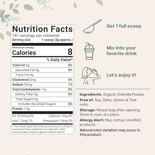 Organic Chlorella Powder, 10 Ounce, Broken Cell Wall, Rich in Vegan Proteins & Vitamins, Raw, Bulk Premium Chlorella Supplement, Vegan Friendly, Non-Irradiation