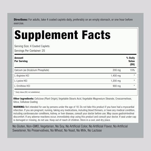 Piping Rock Tri Amino Supplement | 100 Caplets | Complex with L-Arginine, L-Ornithine, L-Lysine | Vegetarian, Non-GMO, Gluten Free