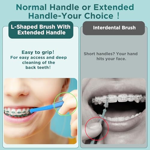 Fremouth 50 Count Angle Interdental Brushes with Extended Handle for Braces, Extra Tight(0.6mm), L- Shaped Interproximal Floss for Dental Plaque Removal Health
