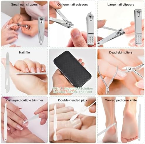 19 in 1 Manicure Set & Nail Clippers Kit, Professional Stainless Steel Grooming Kit for Women & Men, Complete Nail Care Tools with Travel Case, Ideal for Toenail, Pedicure, Home Use or Travel, Black