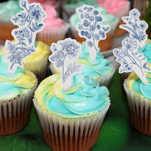 Bokon 48 Pcs Blue Floral Cupcake Toppers Baby in Bloom Cupcake Toppers Something Blue Before I Do Bridal Shower Decorations Chinoiserie Cake Decor for Wedding Birthday Baby Shower Party Supplies