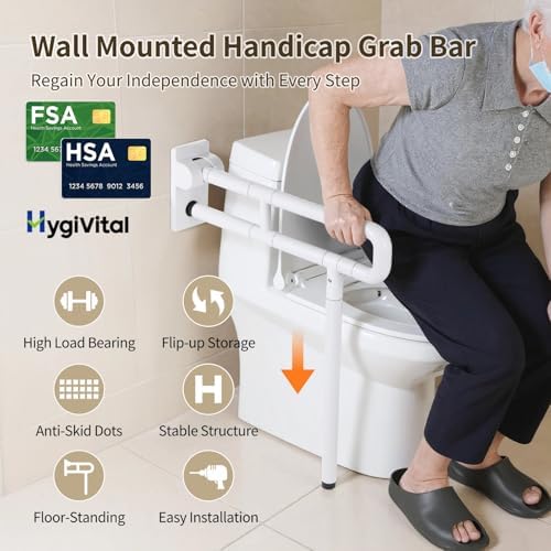 Toilet Safety Rail – Non-Slip Bathroom Grab Bar for Elderly, Disabled & Seniors – Stainless Steel Support Handrail with Non-Slip Grip & Support Leg（White）