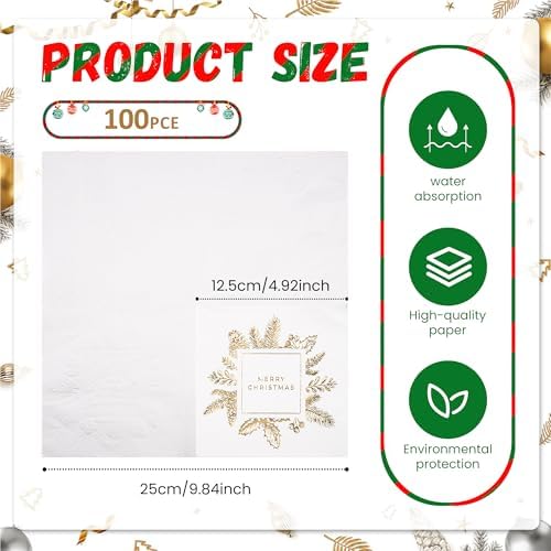 100 Pack of Paper Cocktail Napkins with Gold design，Formal Dinner, Anniversary, Merry Christmas, Guestrooms, Restrooms(5 x 5 in，3-ply) (Gold MC)