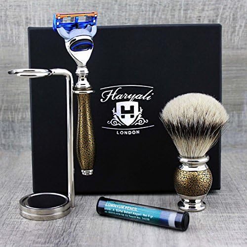 4 Pc Mens Shaving Kit 5 Edge Razor With Silver Tip Badger Hair Shaving Brush, Stand and Alum Perfect Set For Men