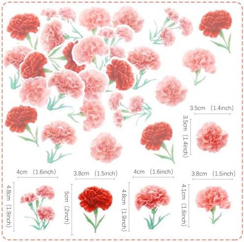50Pcs Edible Carnation Cupcake Toppers Edible Pink Red Carnations Flower Cupcake Picks for Floral Women Birthday Cupcake Picks Anniversary Party Decorations Floral Mother's Day Cupcake Decorations