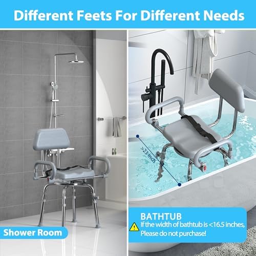 Swivel Shower Chair with Arms and Back,Anti-Slip Design,with Security Belt for Elderly and Disabled,Adjustable Height and Backrest,One-Touch Rotate Shower Chair,Gray