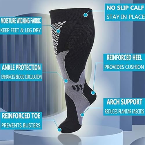 6 Pairs Plus Size Compression Socks Wide Calf for Men Women 20-30mmhg for Running Travel Flight Teachers