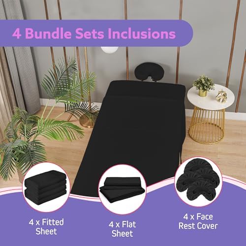 Massage Table Sheets Set – 3 Piece 4 Set, Microfiber Spa Bed Sheets, Cotton-Feel Massage Bed Cover, Wrinkle & Oil Resistant, Soft Accessories for Estheticians – Black