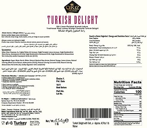 Cerez Pazari Turkish Delight With Rose, Orange, & Lemon Flavors, Gourmet Medium Size Snacks Gift Box, Traditional Confectionery Loukoumi, Vegan Candy Dessert Lokum, No Nuts, 16 oz.